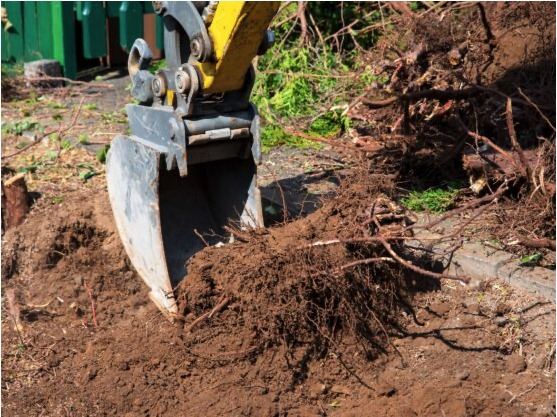 Excavator digging out and removing a ground tree stump and its roots